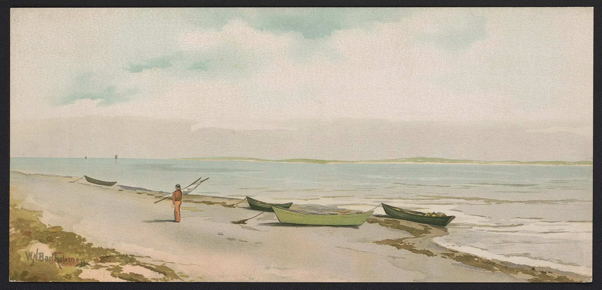 Chromolithographie : plage à marée basse à Chatham, silhouette solitaire près de barques échouées, ciel bas